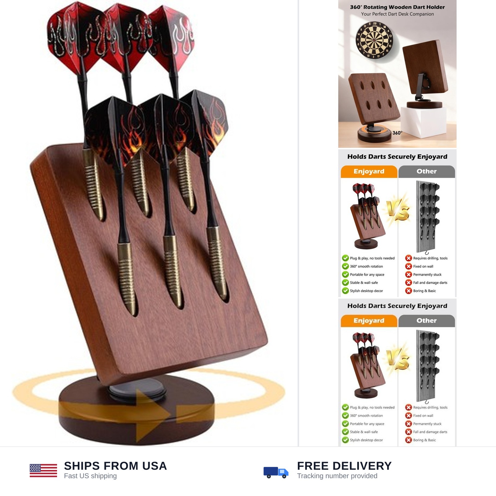 Rotating Wooden Dart Holder - Desktop Storage Stand for 6 Steel & Soft Tip Da...