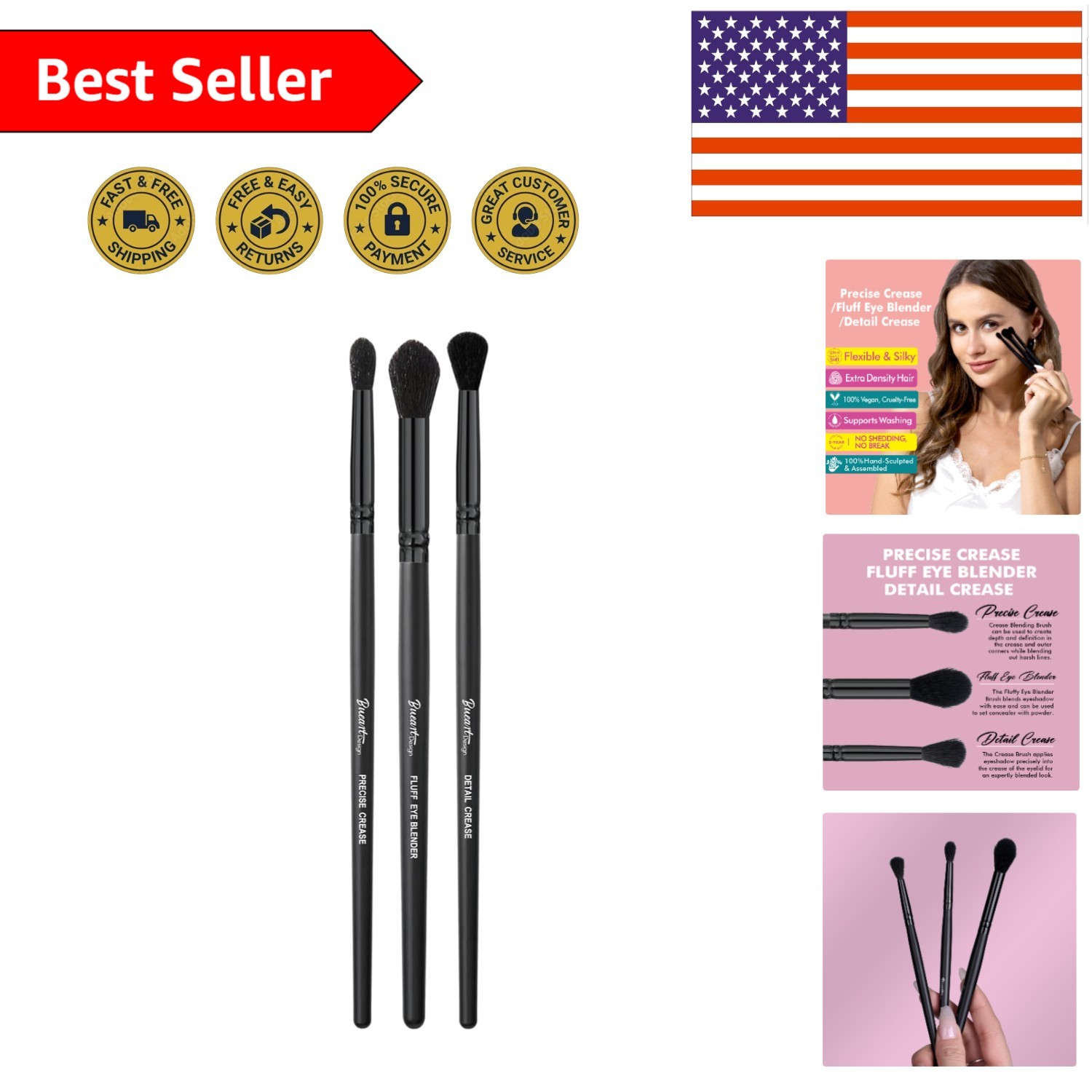 Precision Eyeshadow Brush Trio - Perfect for Seamless Blending & Detailing