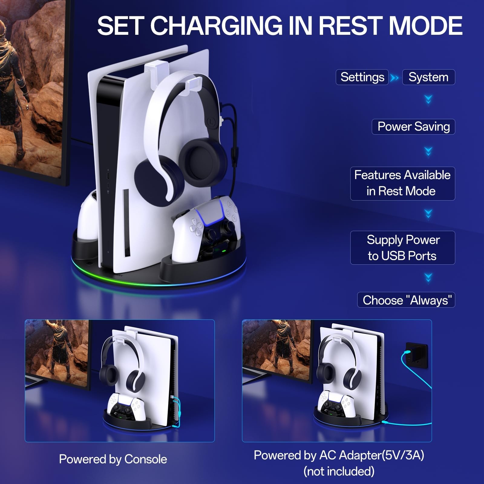 NEWDERY PS5 Charging Station for PlayStation 5/Slim/Pro Controller Charger Stand