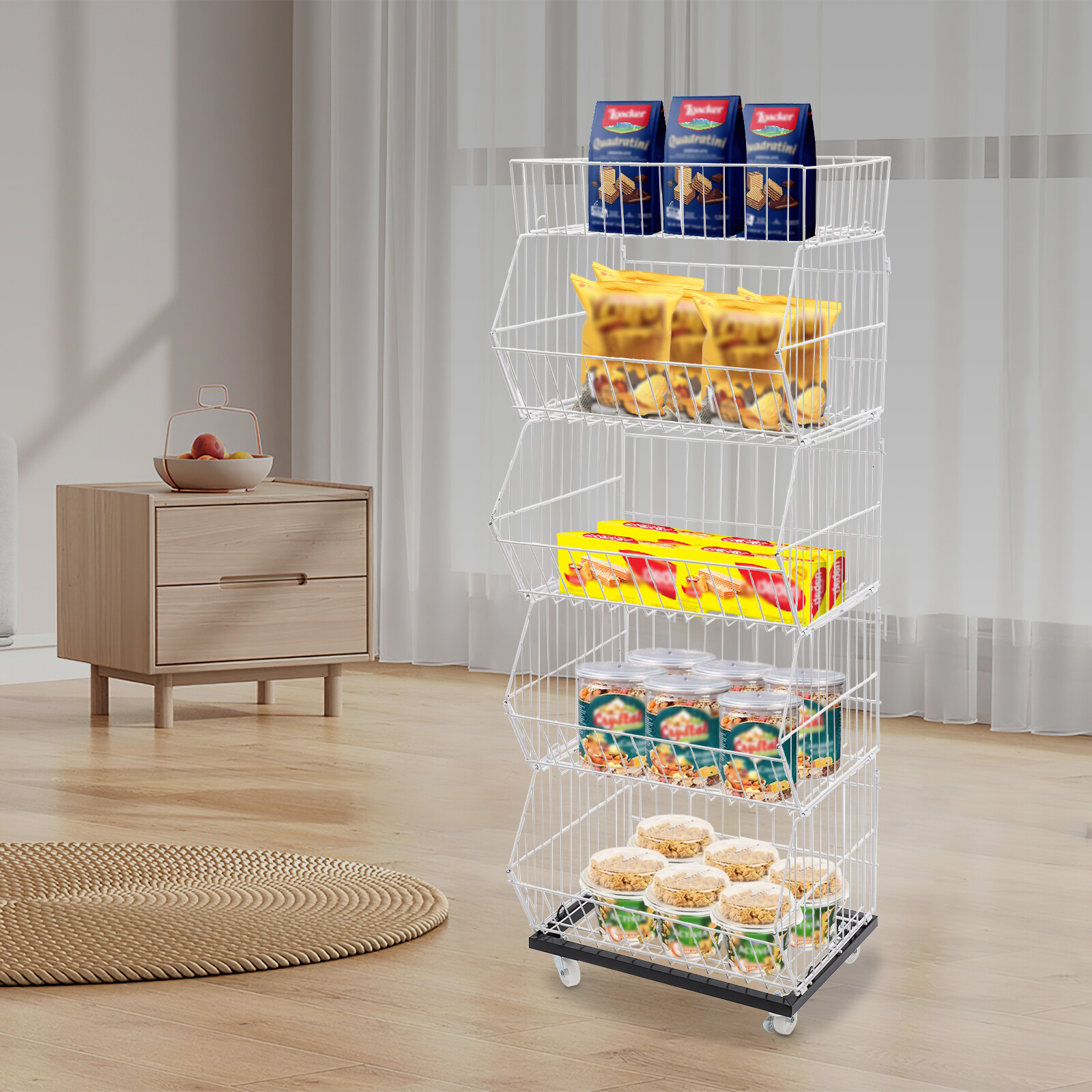 5-Tier Wire Grid Display Rack with Wheels for Fruits and Vegetables
