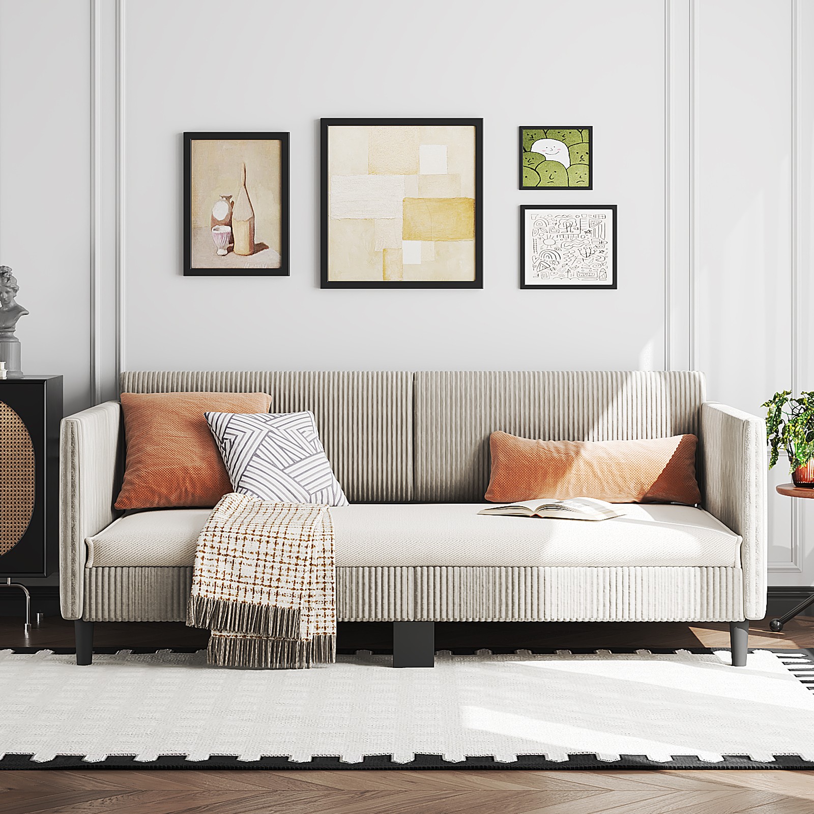 Double corduroy upholstered sofa bed with buttoned backrest and sturdy armrests,