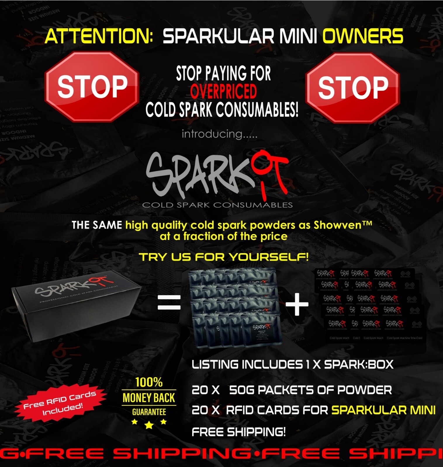 1000g Cold Spark Machine Consumables + RFID Time Cards! SHOWVEN MINI!