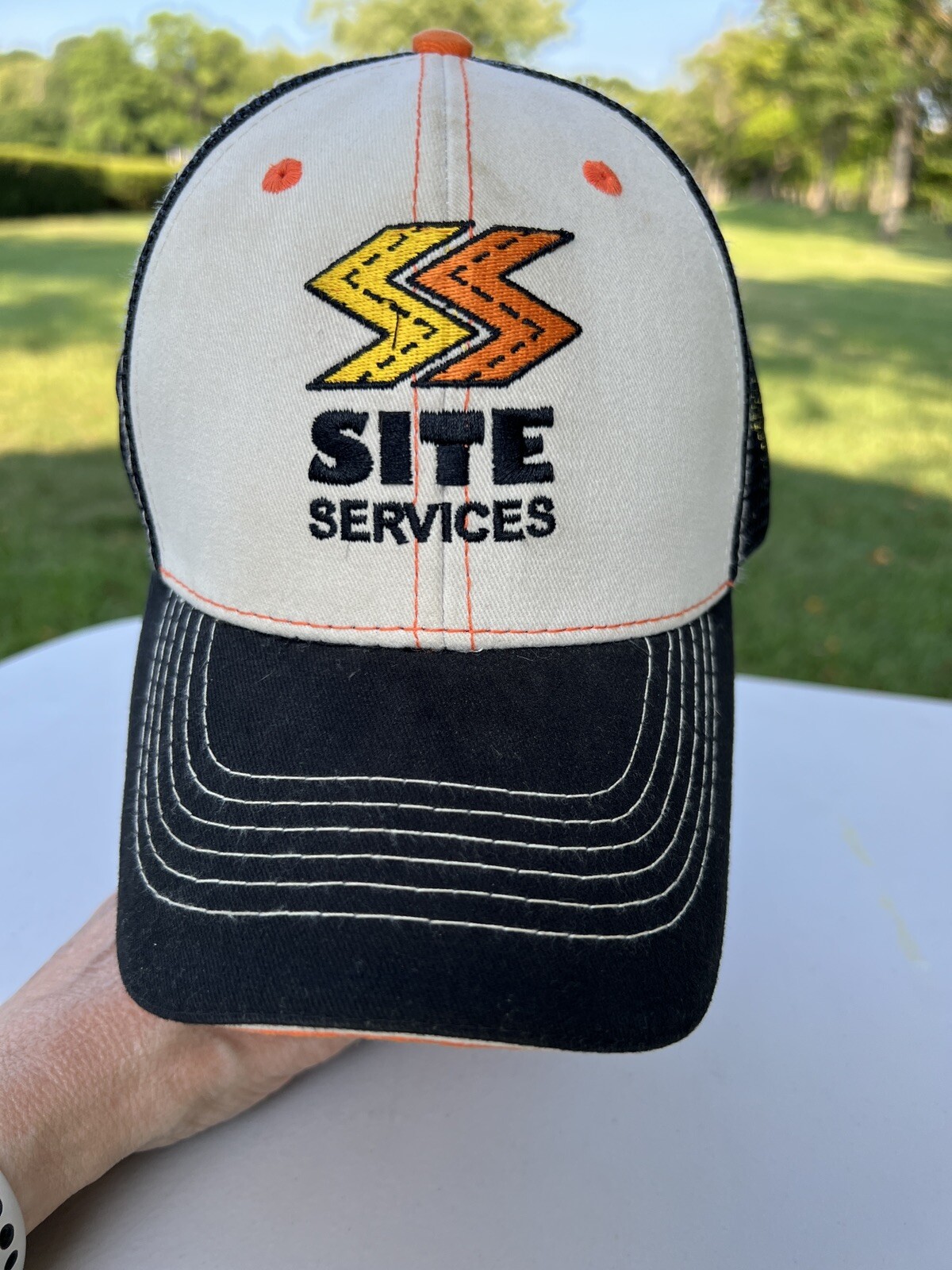 Site Services Hat Cap Yellow Orange Logo White front with black mesh/bill Adj.