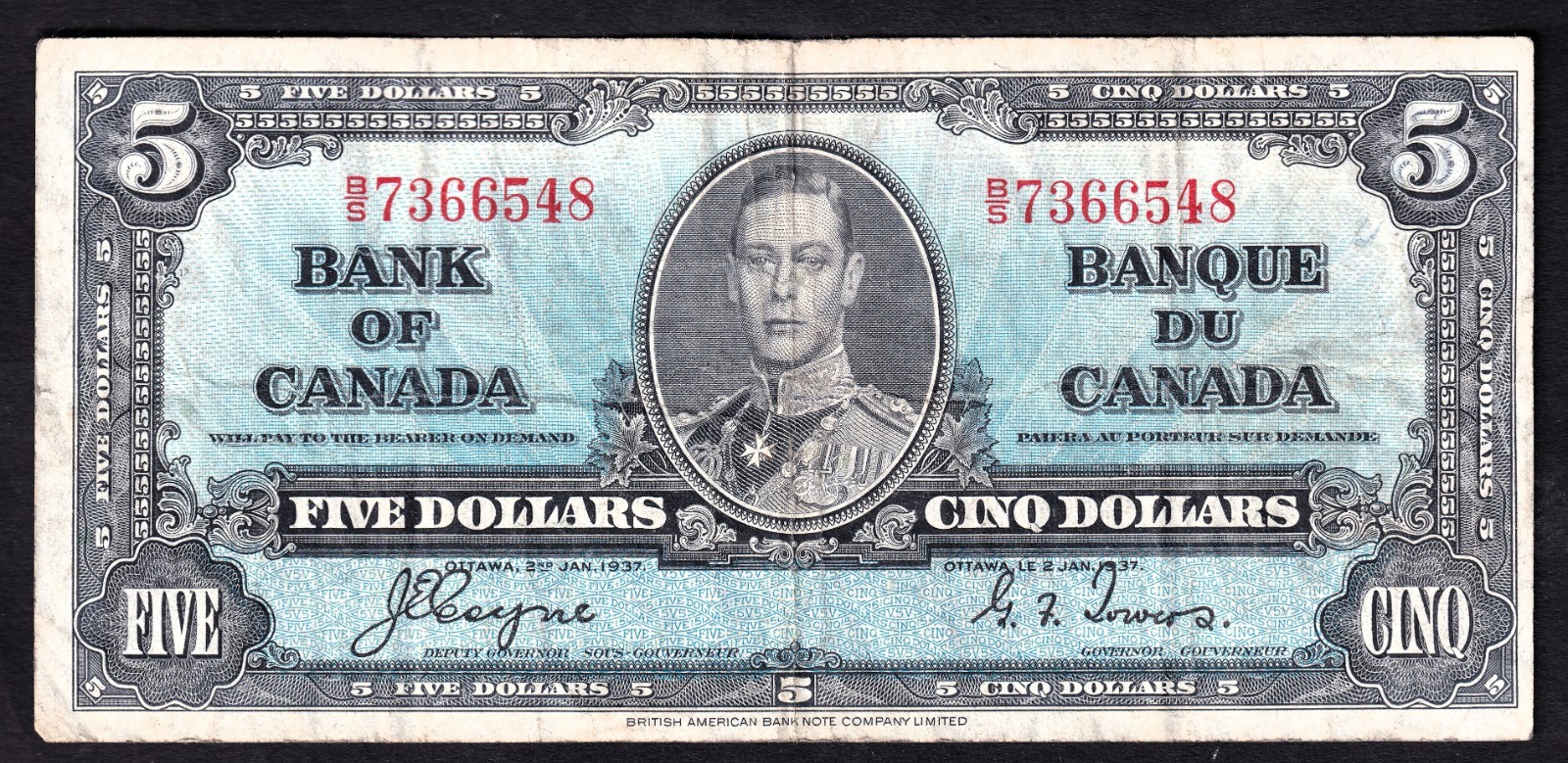 Canada 1937 $5 Five Dollar Banknote Coyne - Towers B/S 7366548