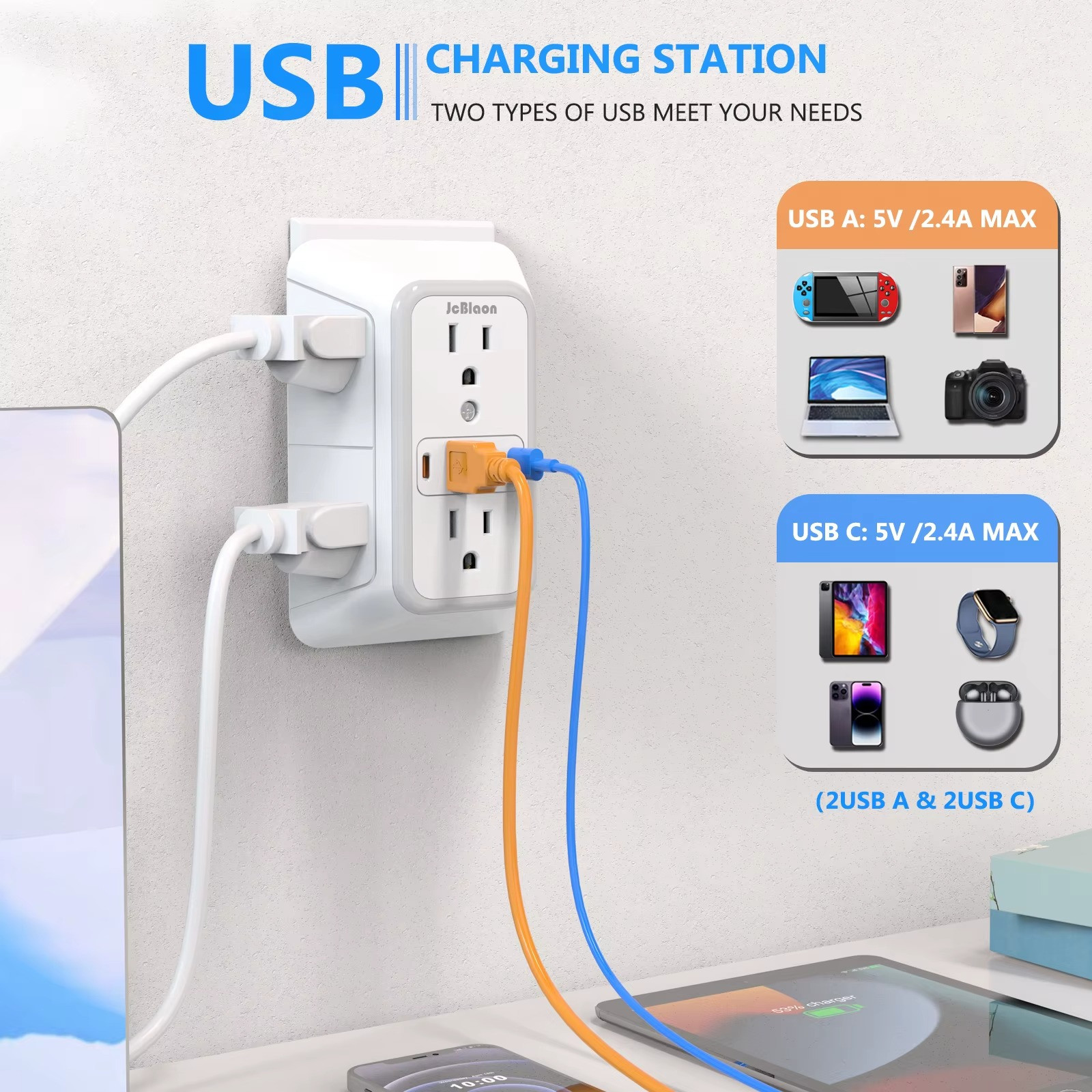 6 Outlet Extender Surge Protector Multi Plug Wall Adapter USB Charger Ports with