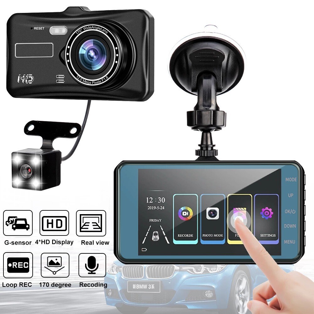 4" Touchscreen Dash Cam Dual Lens 1080P HD with Reverse Backup Camera NEW