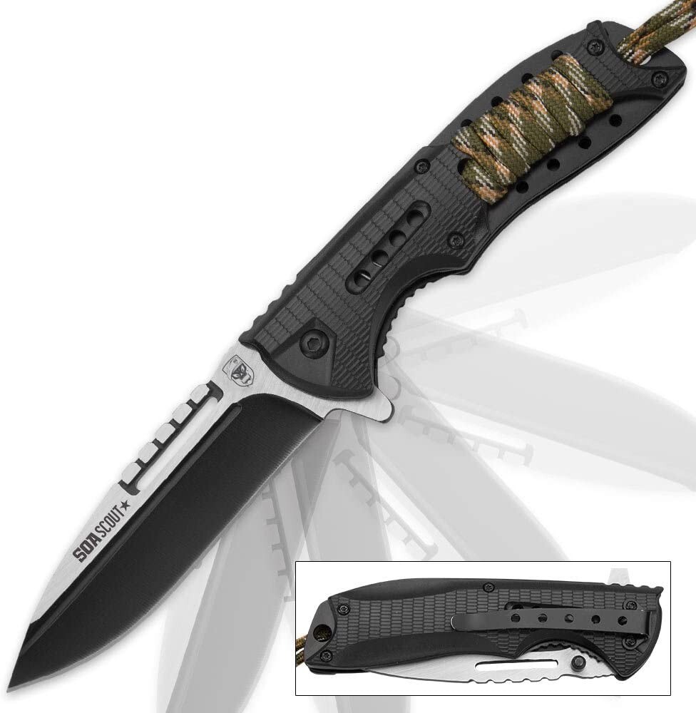 SOA Scout Assisted Opening Pocket Knife - Black w/ Camo Paracord Wrapping - NEW