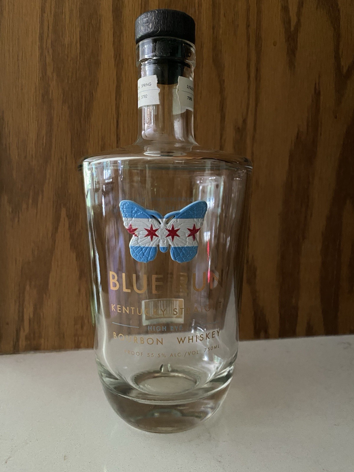 Blue Run Chicago Butterfly Empty Bourbon Bottle Unrinsed