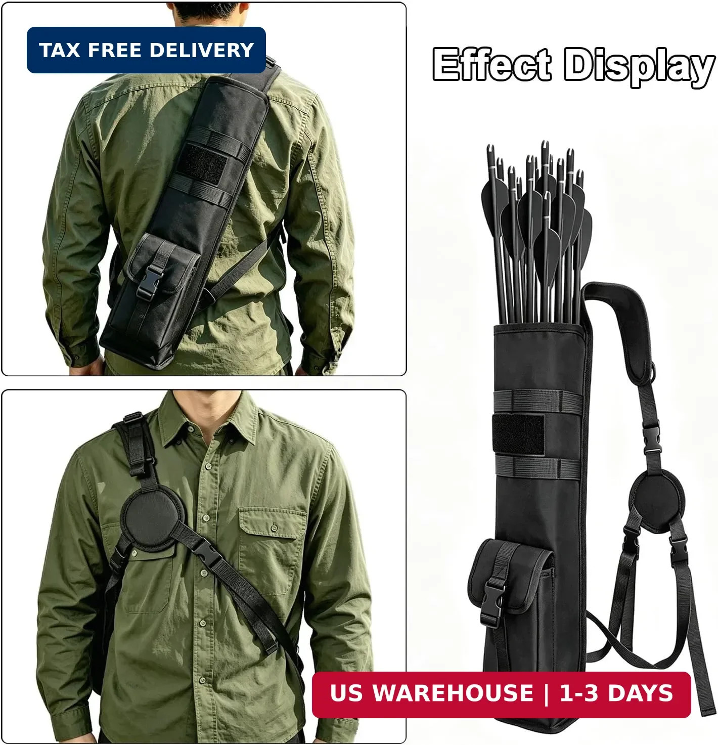 Archery Lightweight Back Arrow Quiver with MOLLE System & Storage Pockets, Adjus