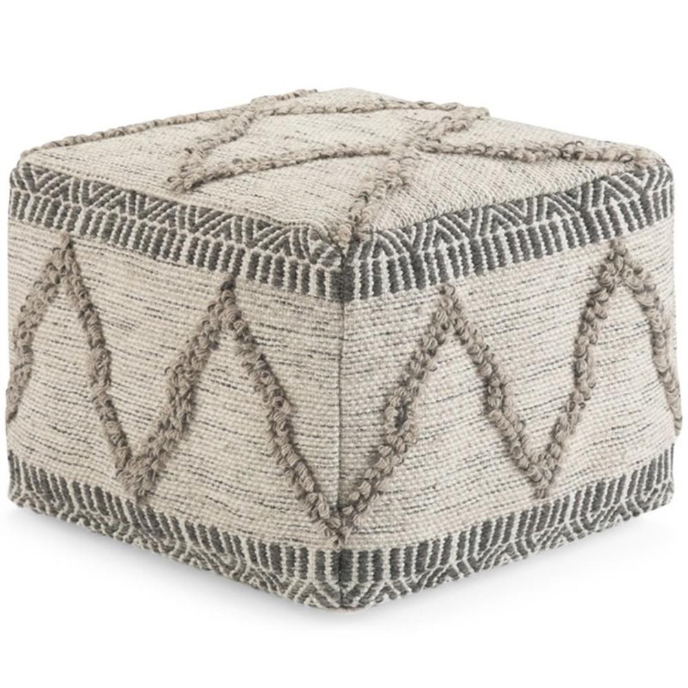 Simpli Home Sweeney Boho Square Pouf in Gray and Natural Handloom Woven Pattern