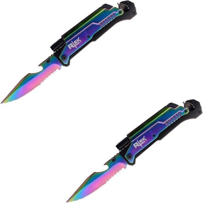 Pair of 9" Inch Spring Assisted Survival 7 in 1 Rescue Pocket Knife Technicolor
