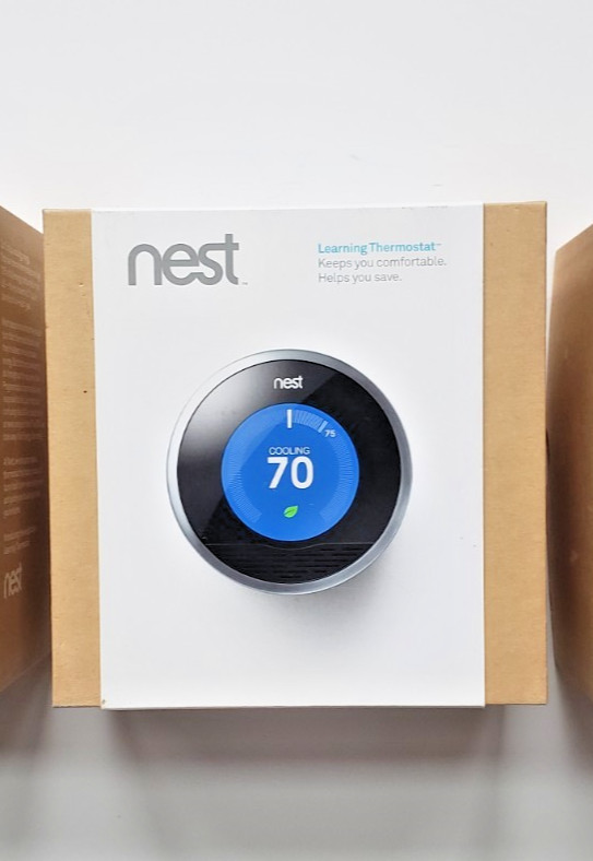 Google Nest Thermostat 2nd Generation Silver-in original box w/ backing plates