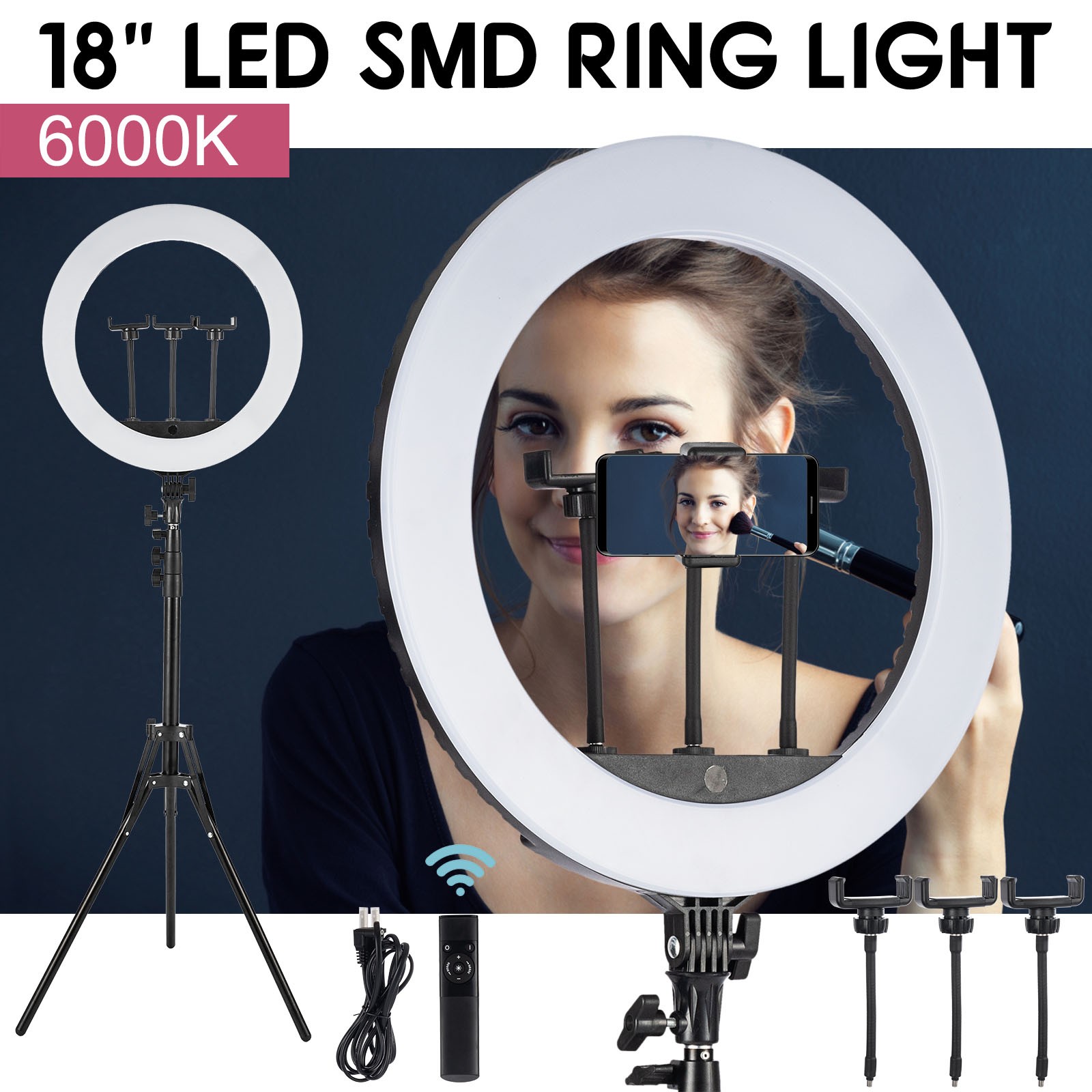 18" LED SMD Ring Light Kit with Stand Dimmable 6600K for Makeup Phone Camera