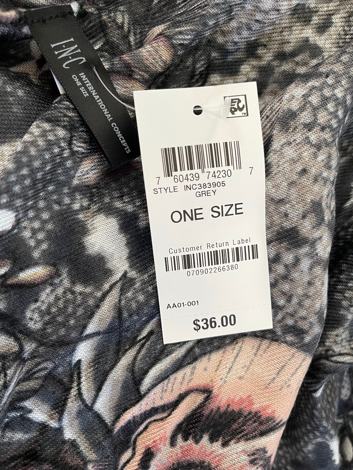 INC Womens Scarf Wrap Grey Blush Pink Floral Fringe Animal Print #MQ1