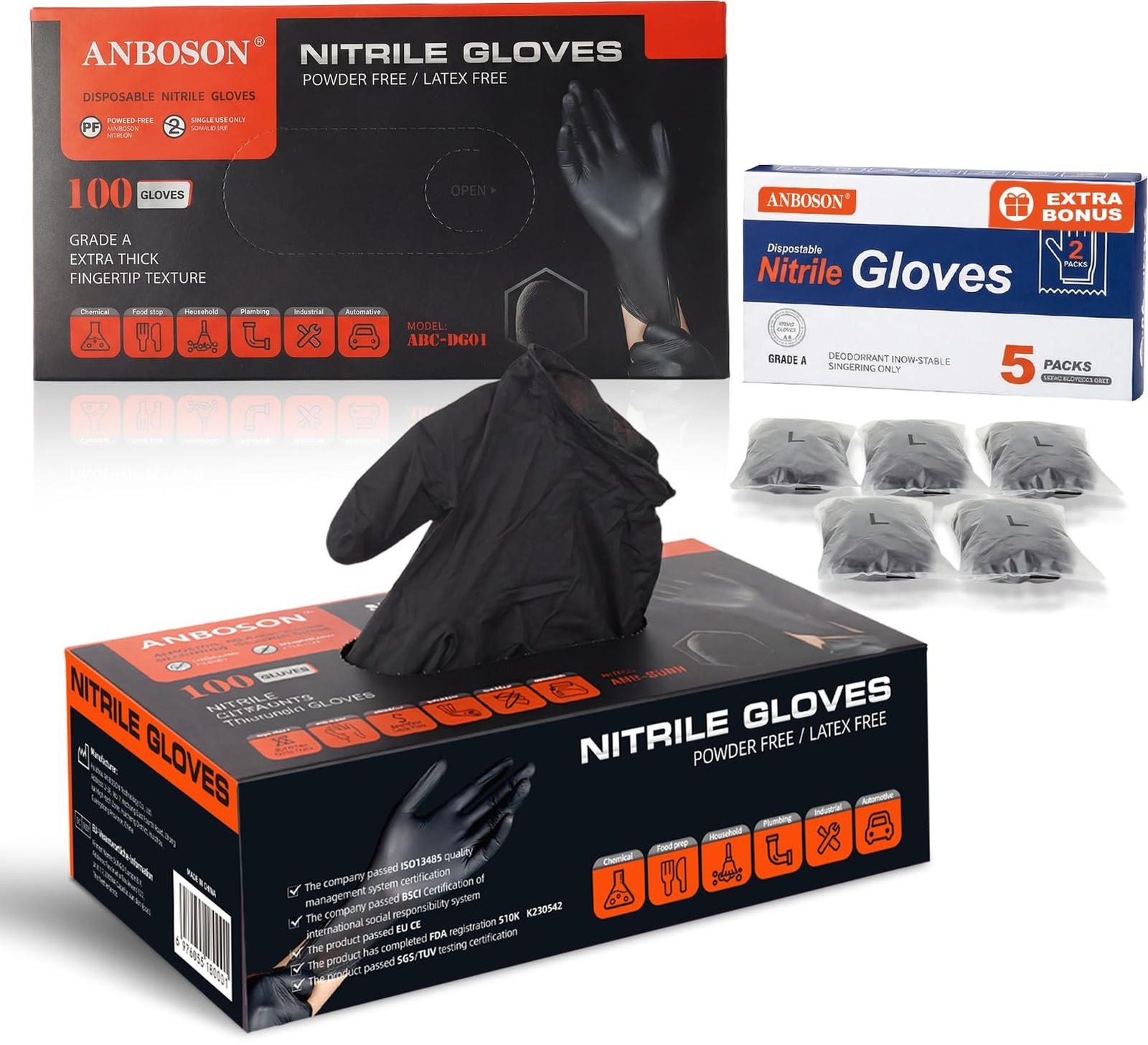 ANBOSON Nitrile Gloves with 5 Pair Travel Package, Disposable Gloves, XL