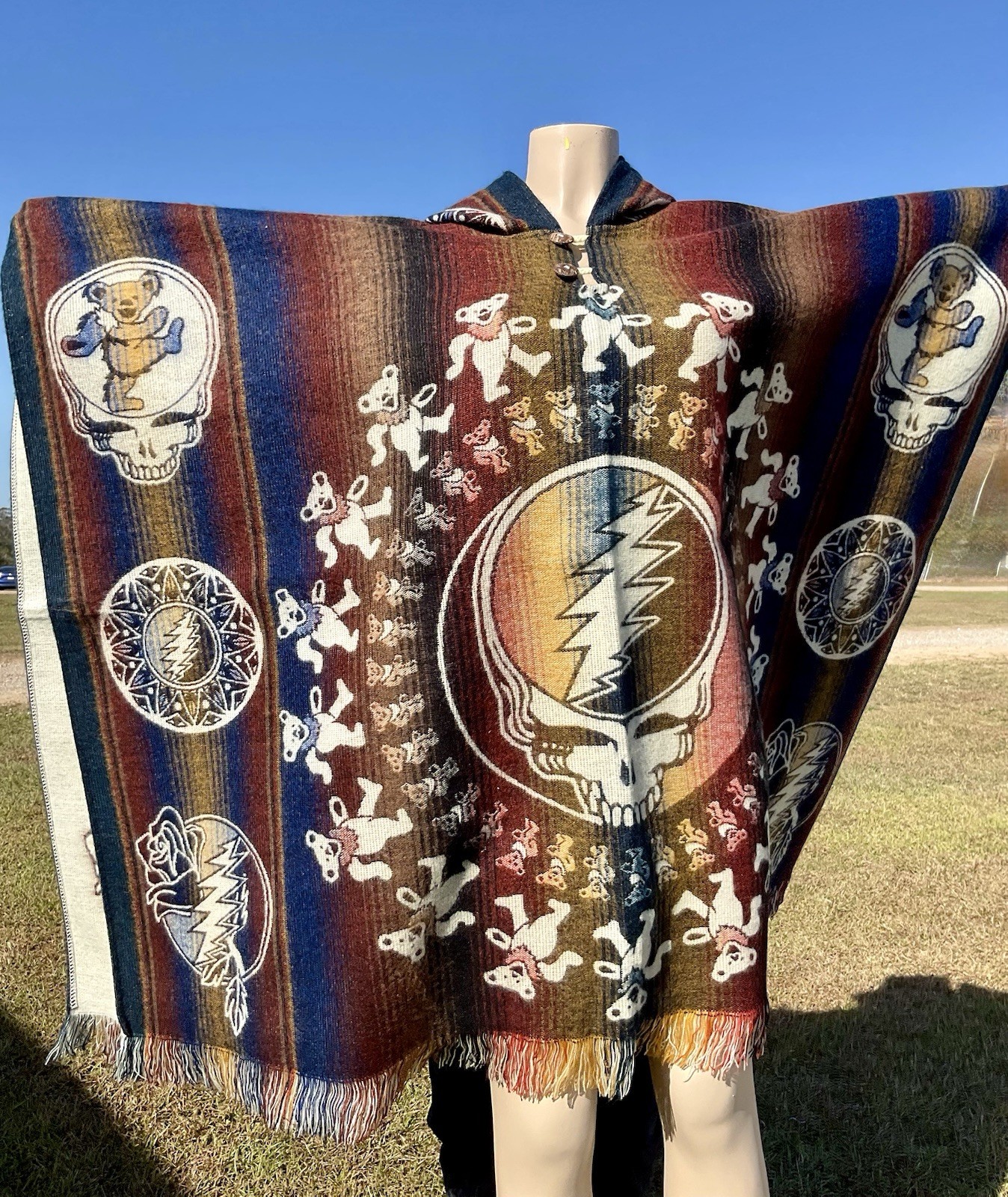 Handcrafted ALPACA WOOL PONCHO, Grateful Dead Bear Mandala, One Size, Unisex