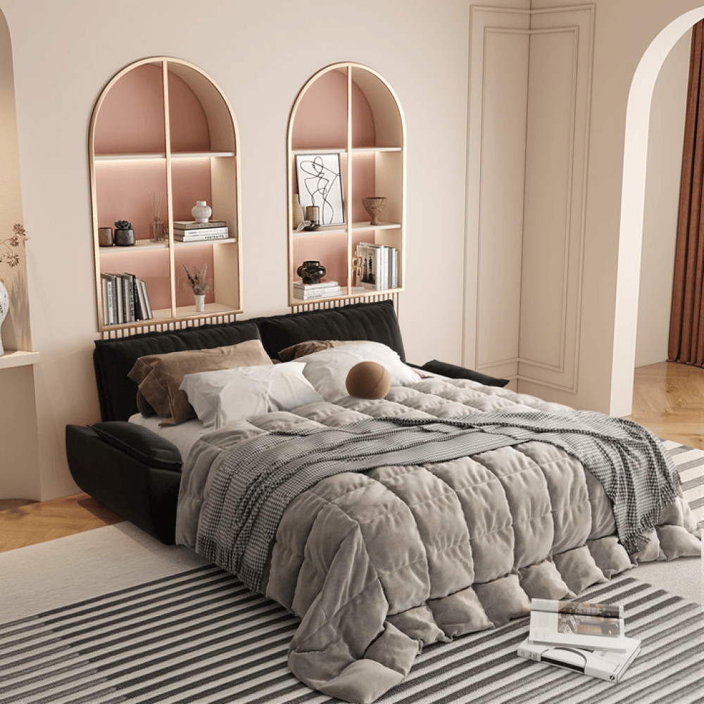 Queen Sofa Bed Pull Out Sleeper 3-in-1 Convertible Velvet Loveseat Black