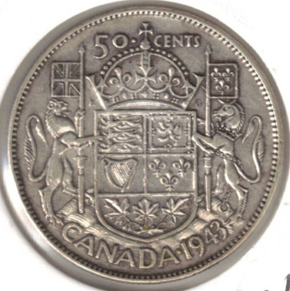 1943 Canadian Silver KGVI & National Crest 50 Cent coin. #3