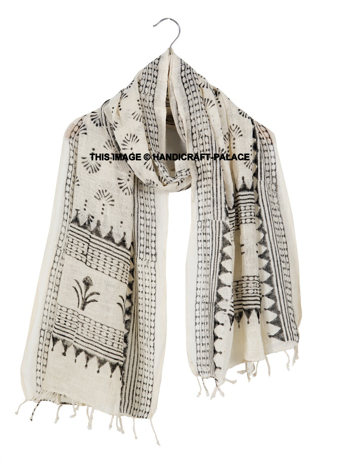 Indigo Cotton Beige Hand Block Print Scarf Indian Reversible Scarves Stole_Neck