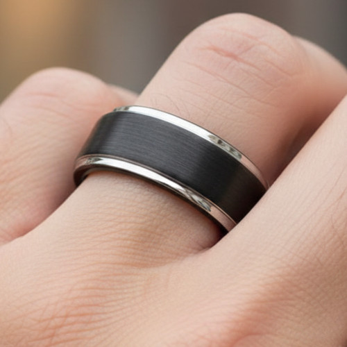 8mm Black Tungsten Ring Featuring Silver Stepped Edges and Brushed Finish Band