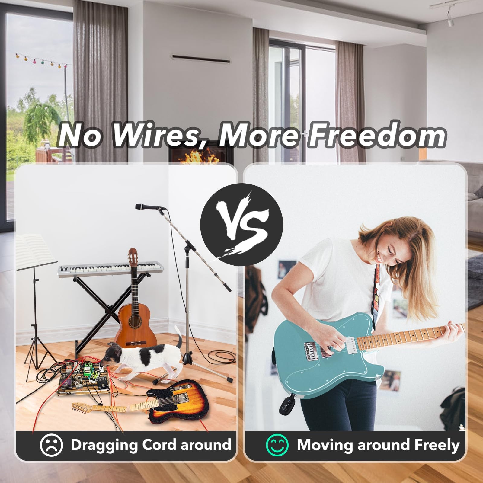 A8 Wireless Guitar System UHF 2 Modes, Rechargeable LiBattery, 100ft Range, P...