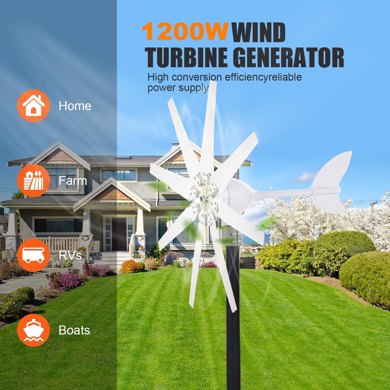 1200W Wind Turbine Generator 24V 8-Blade Wind Turbine Kit