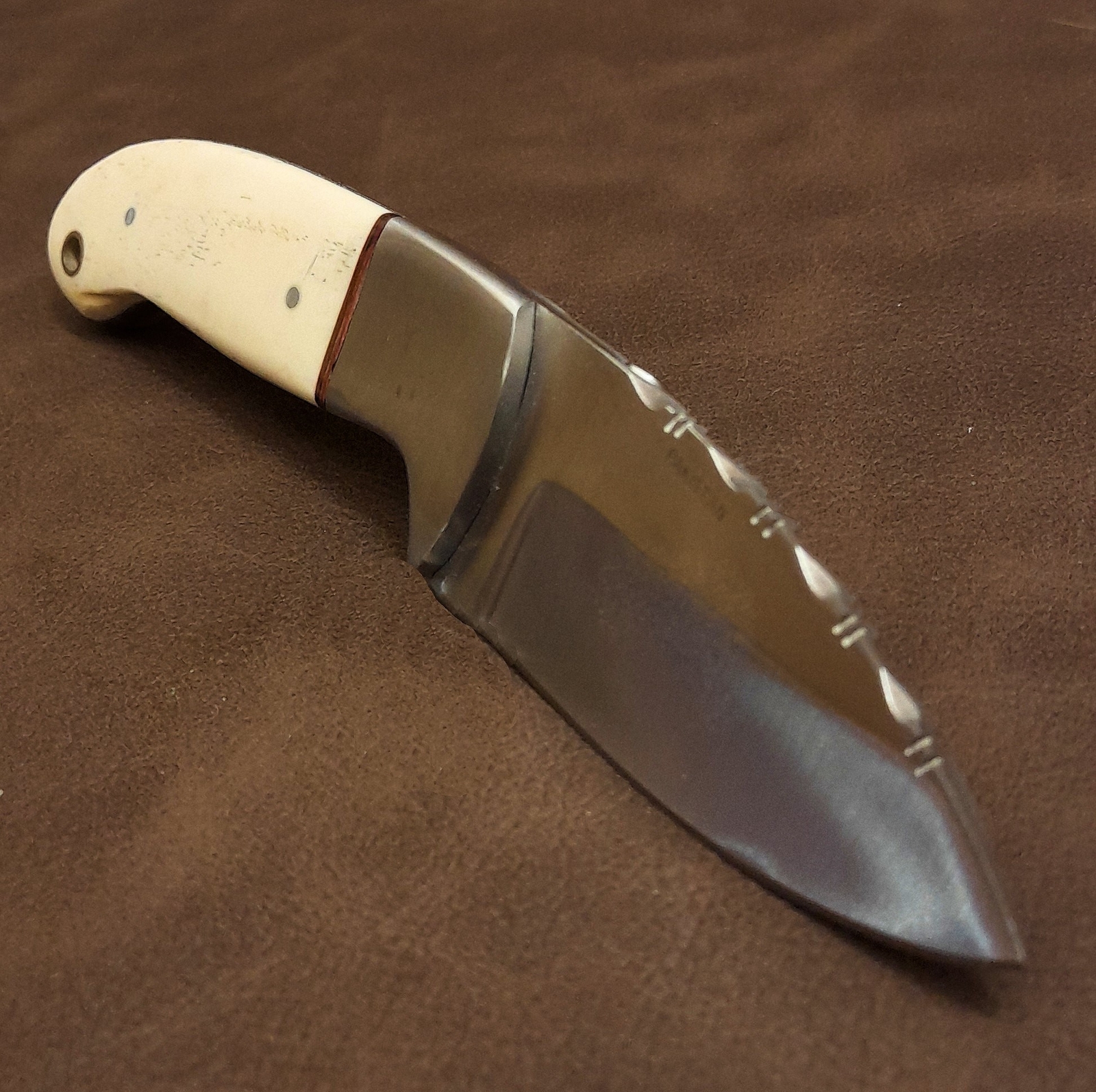 7" Real Bone Handle Fileworked Skinner Knife w/Leather Sheath