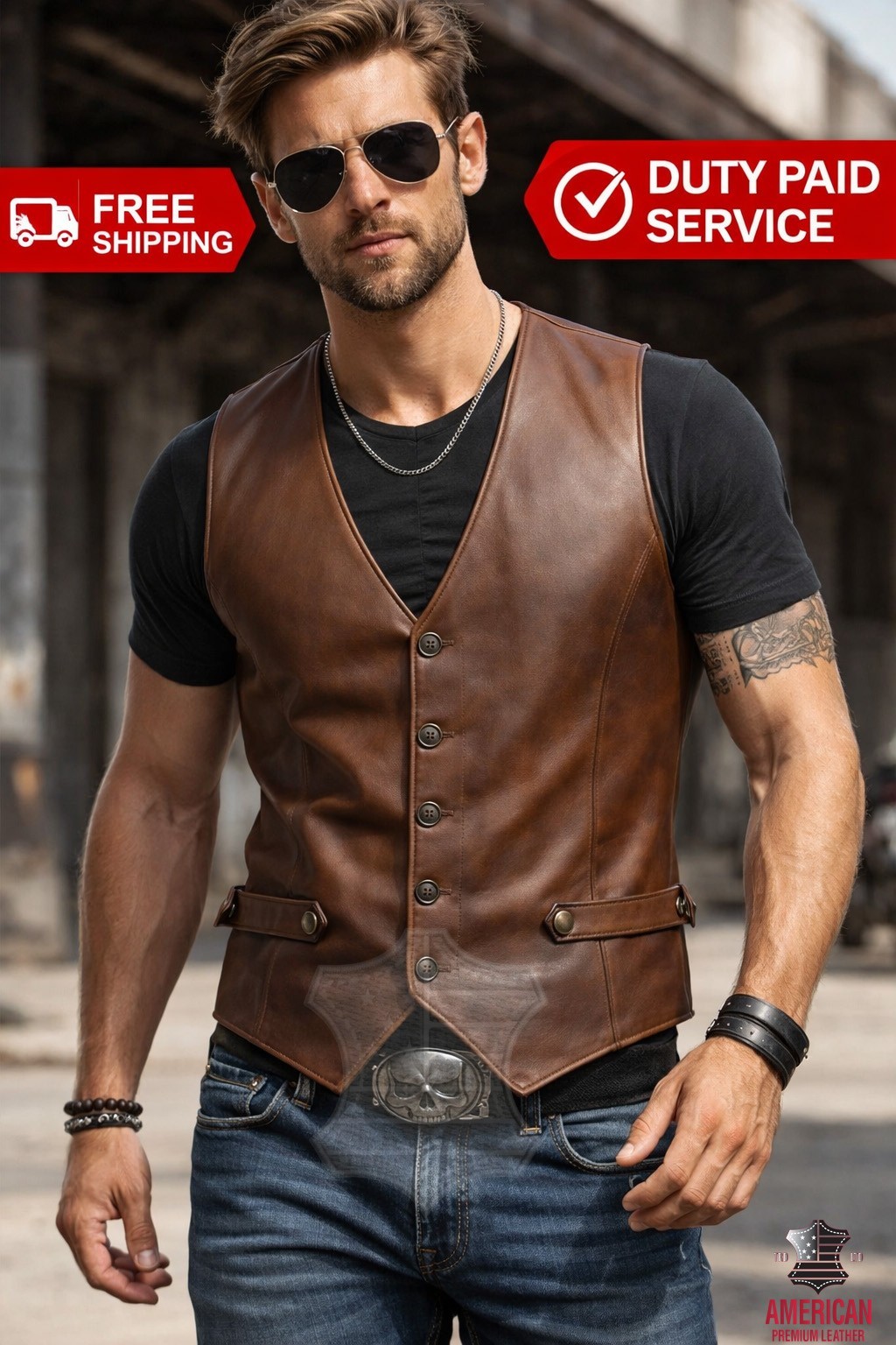Mens Genuine Western Vest Brown Vintage Lambskin Distressed Leather Vest For Men