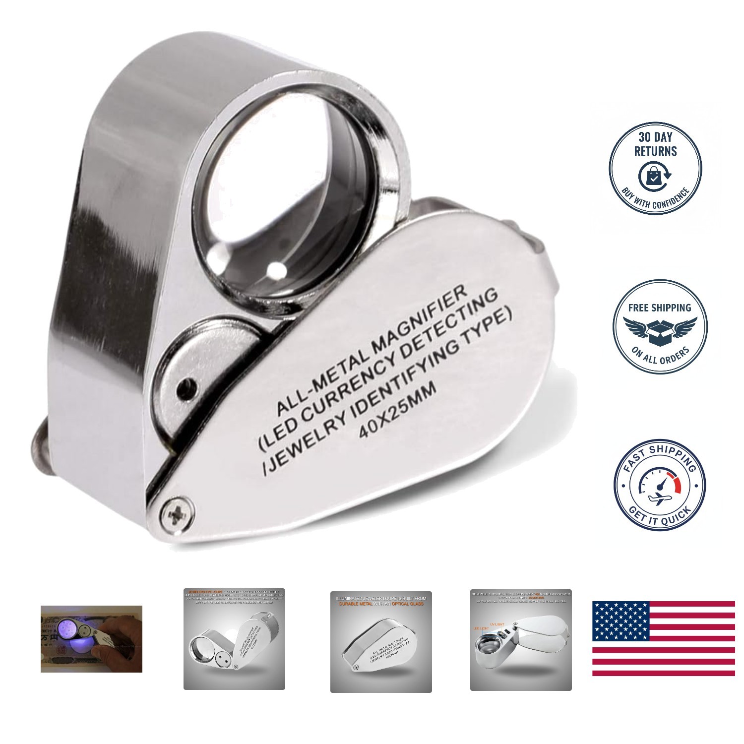 40X Jewelers Loupe Jewelry Loop Coin Magnifier Light Pocket LED Magnifying Glass