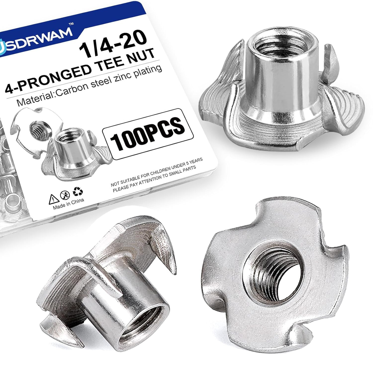 100 Pack 1/4"-20🌟 T Nuts for Wood⭐ Zinc-Plated Carbon Steel🌟 4 Prong Tee Nuts.
