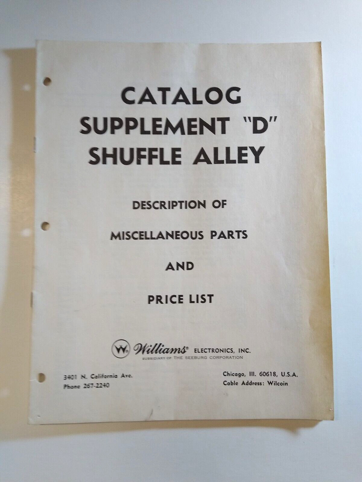 Williams 1966 Shuffle Alley Supplement D Catalog And Price List Vintage Original