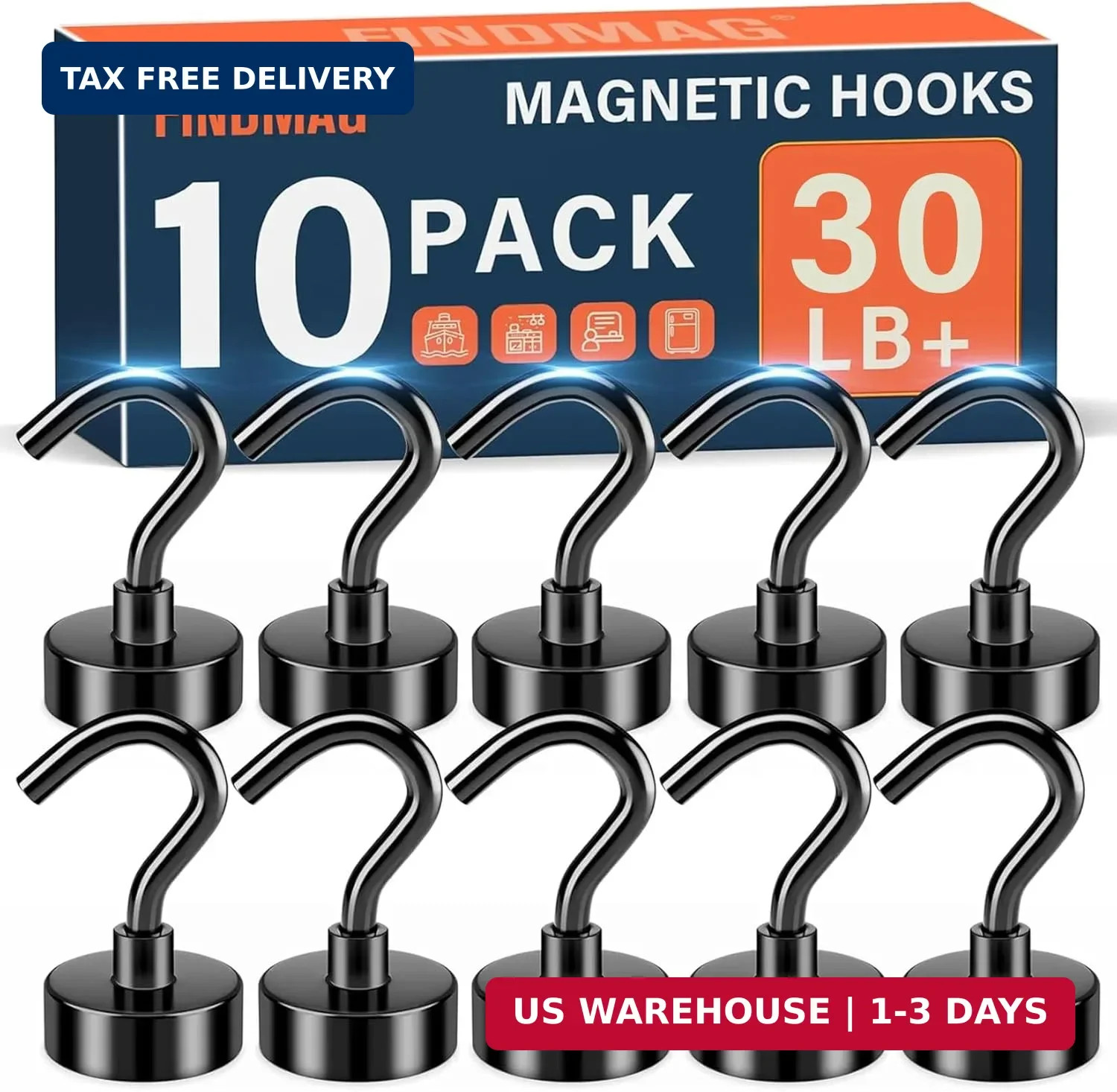 FINDMAG 10 Pack Black Magnetic Hooks, 30lbs Neodymium Magnet Hooks for Hanging,