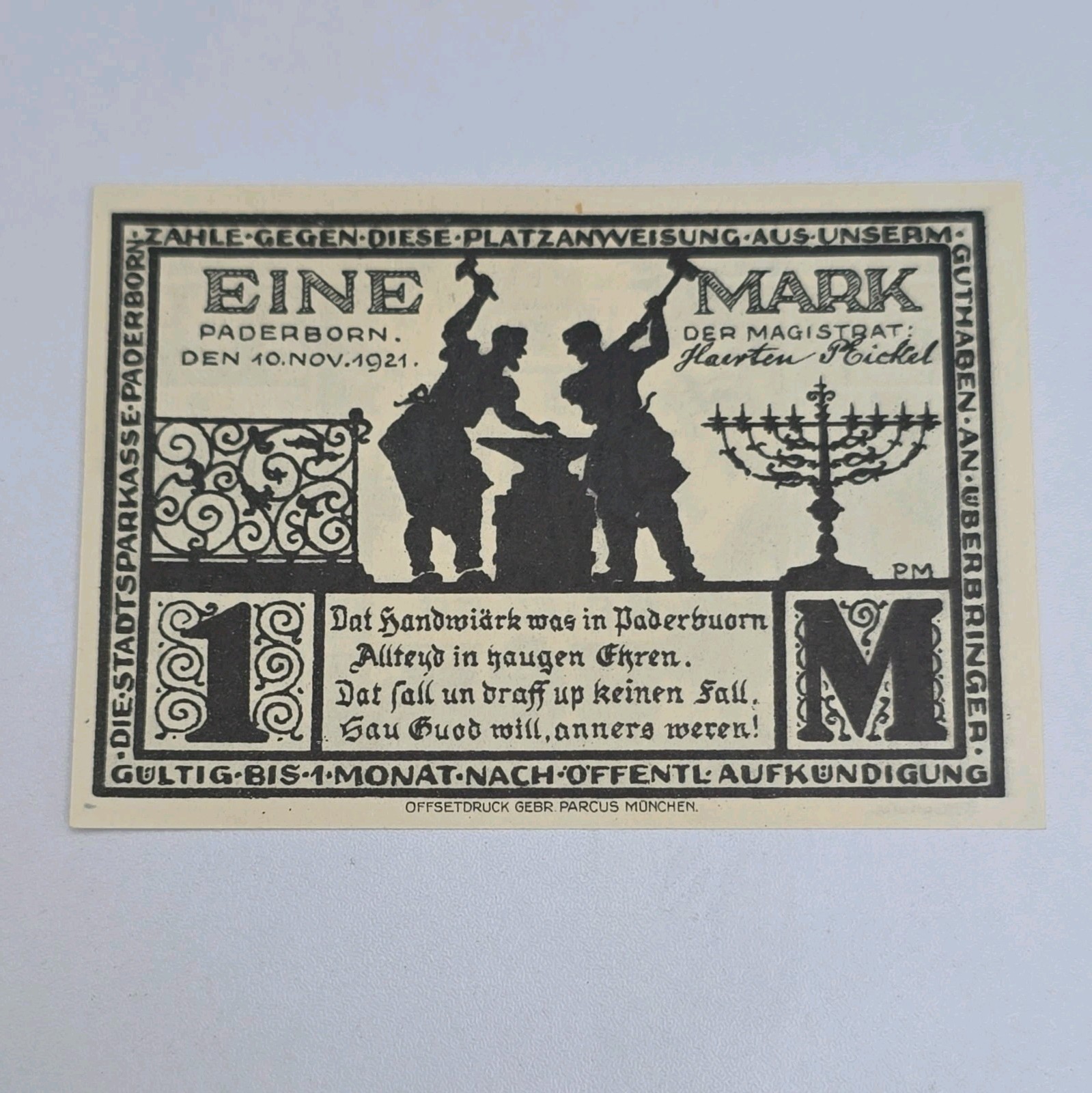 1 Mark 1921 Notgeld Excellent Condition Old BANKNOTE Germany