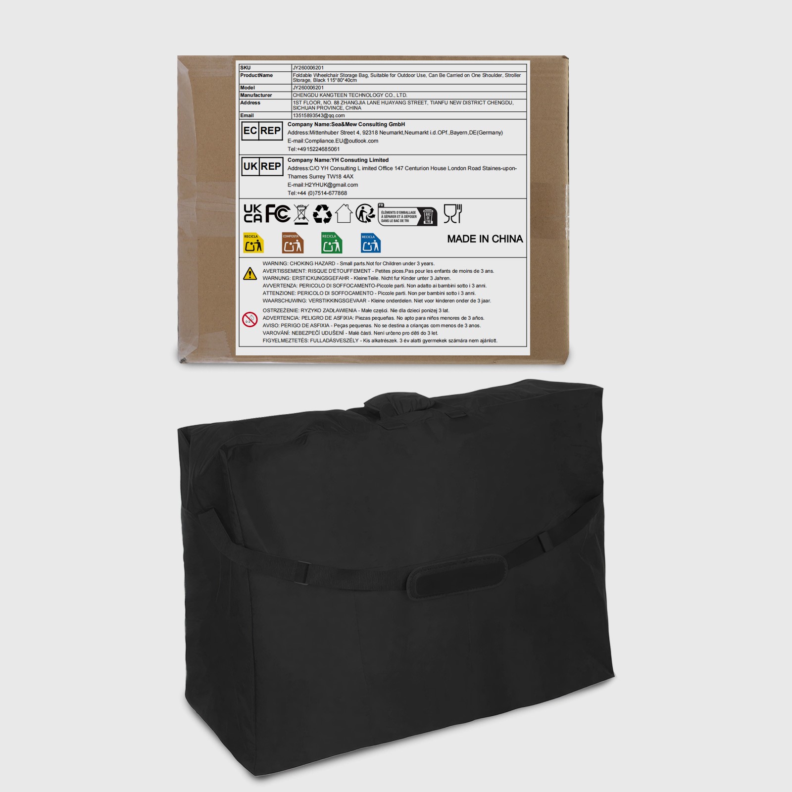 Foldable Wheelchair Storage Bag 600D Oxford with Adjustable Shoulder Strap