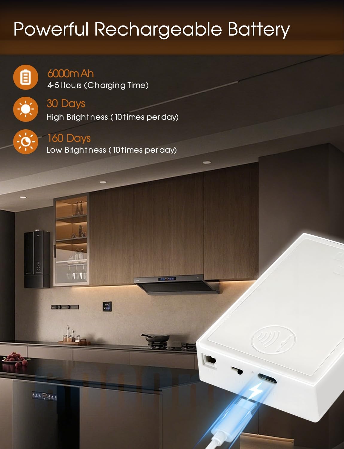 Rechargeable Motion Sensor COB Strip Light, 6000mAh Battery Operated Night Li...
