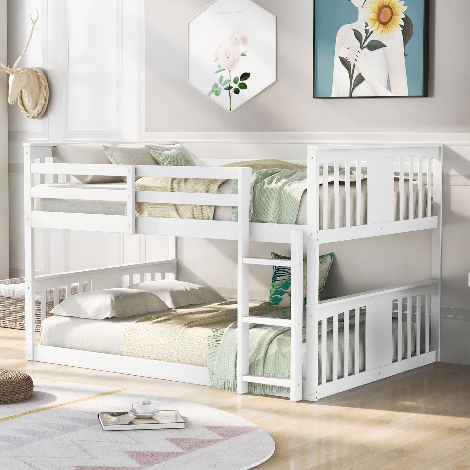 Modern Full Over Full Bunk Bed Wood Bunk Bed Frame w/ Ladder & White/Gray