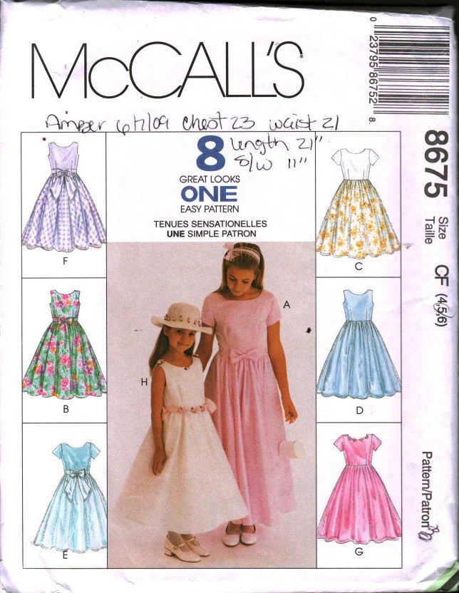 8675 Vintage McCalls SEWING Pattern Girls 1990s Dress Easter Party Great Looks