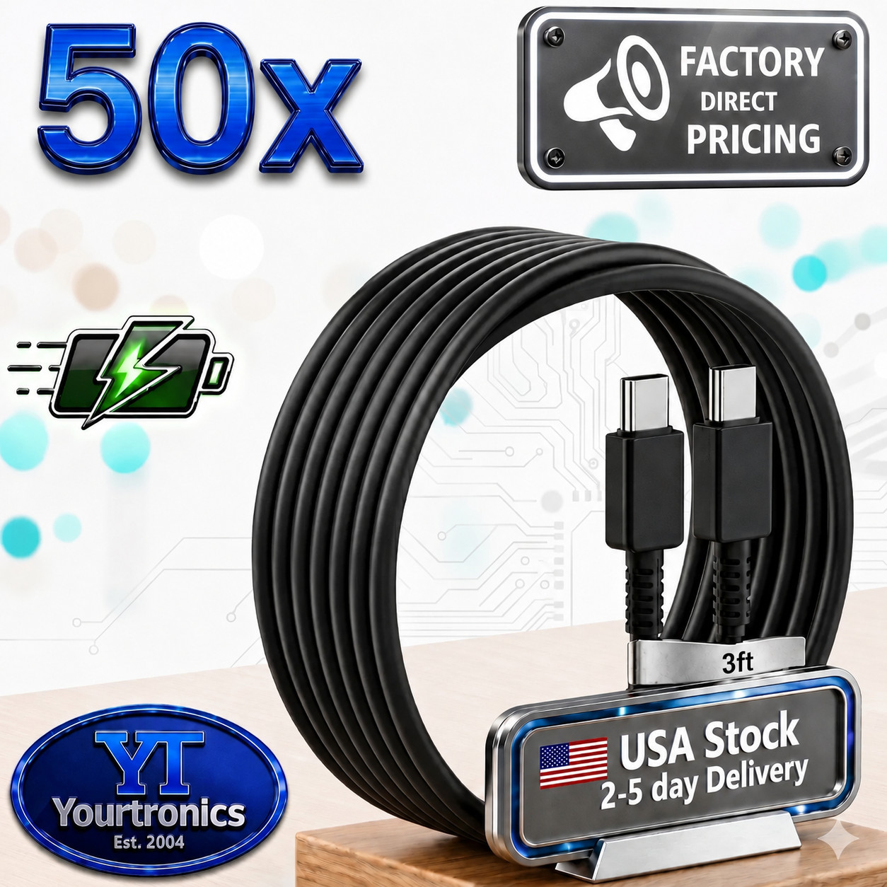 50x USB-C to USB-C Fast Charge Cables Quick Type Charger Bulk Wholesale OEM