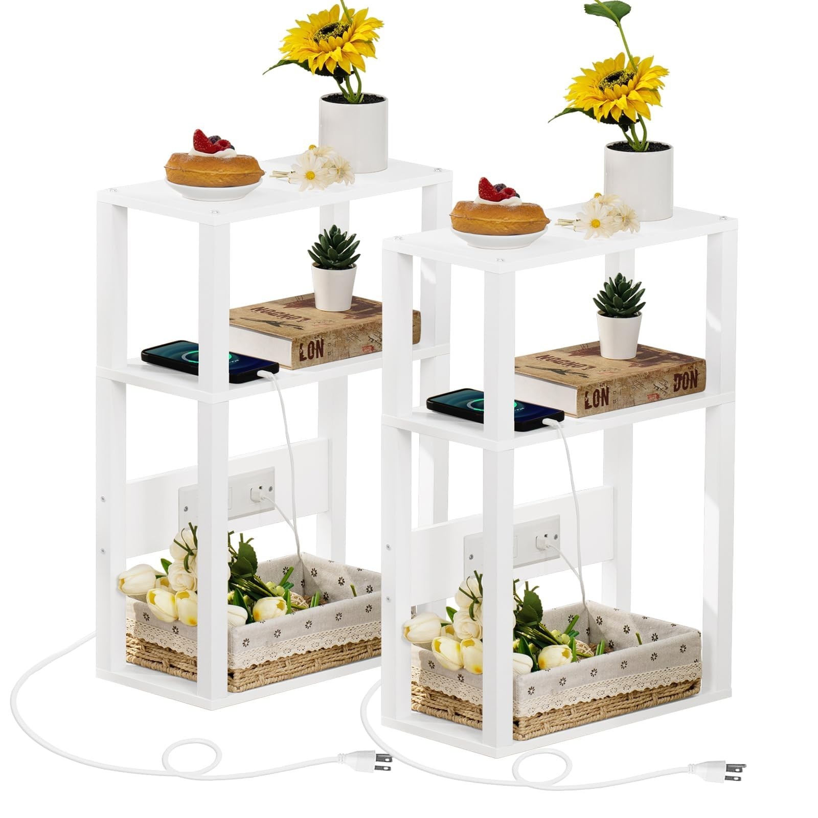 3-Tier Small Narrow Wood Side Table Set of 2 with Charging Station - Skinny N...