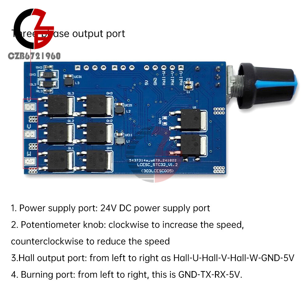 3-Phase Brushless Motor ESC Speed Controller Module W/ Hall DC12-24V 10A STC32G