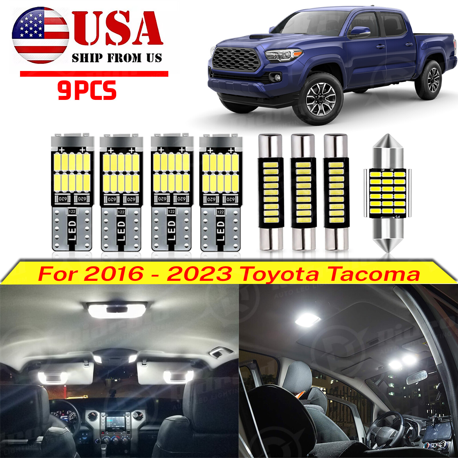 White LED interior lights package kit for 2016-2023 Toyota Tacoma + Pry Tool Set