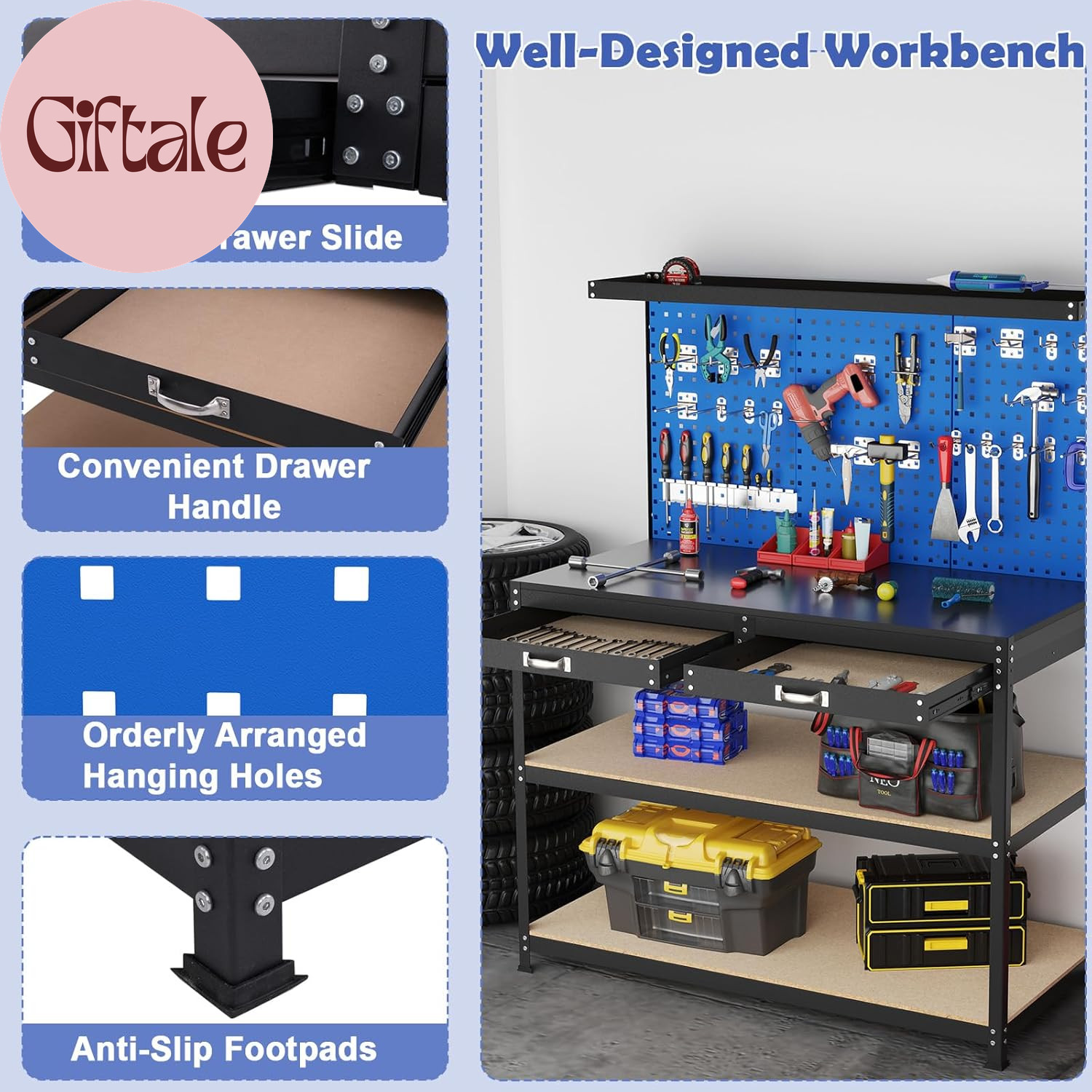 Workbench with Drawers, 48" X 24" Heavy-Duty Work Table with 3 PCS Pegboard & 4