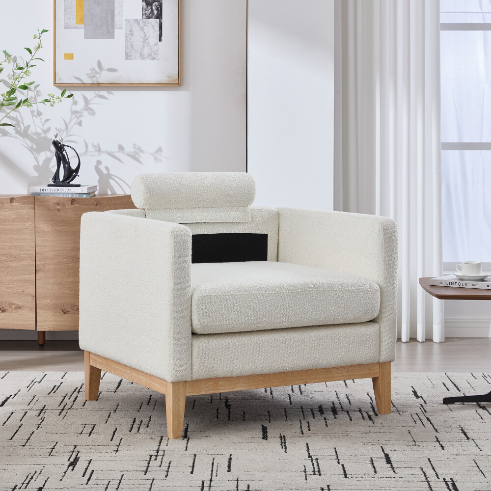 35.4" Modern Farmhouse Accent Chair - Boucle Upholstery & Natural Wood Legs