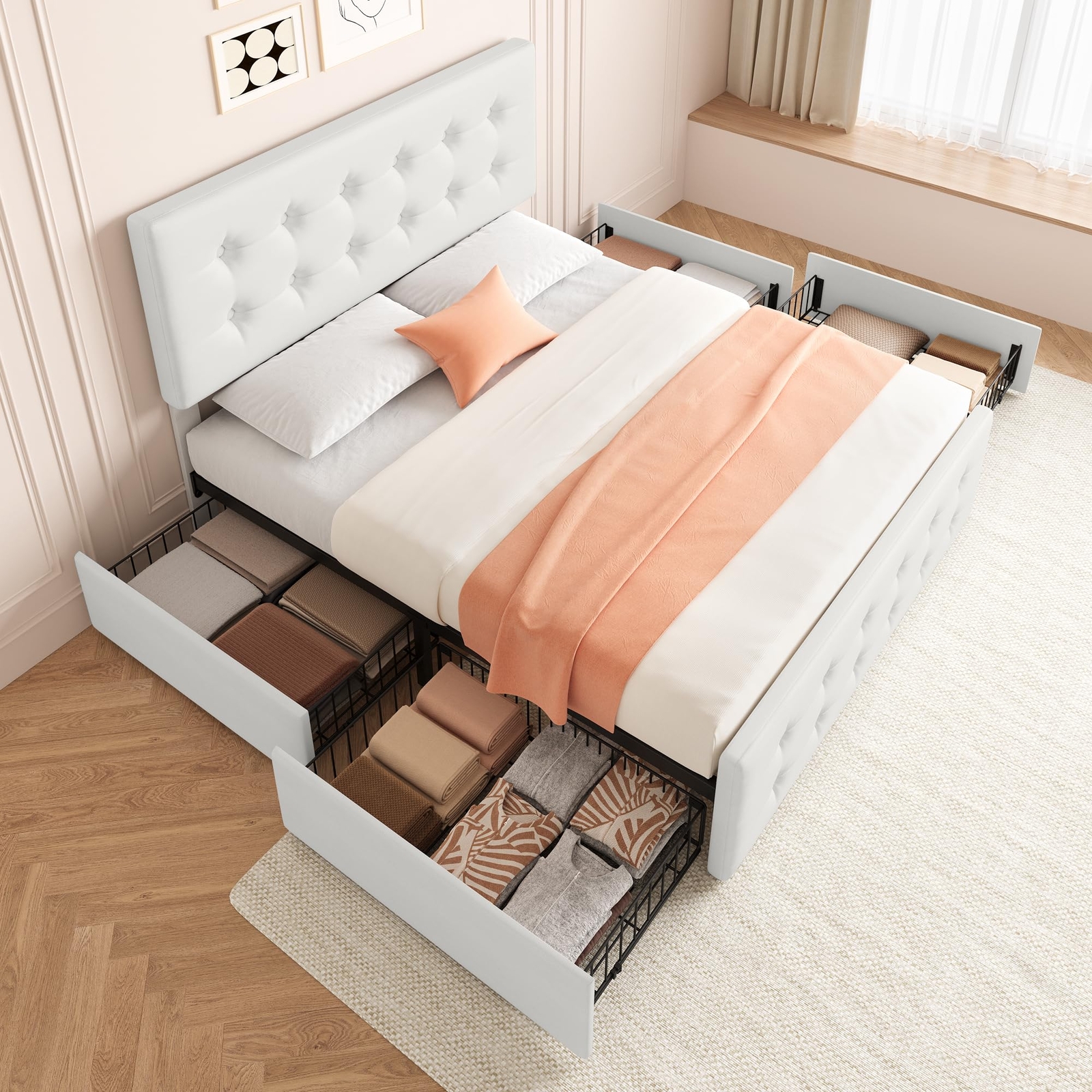 Full Size Bed Frame Linen Upholstered Platform Bed Frame with 4 Storage Drawers