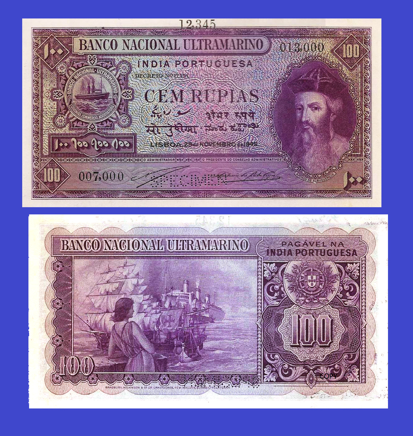 portuguese  india 100 rupee rupia 1945   - COPY