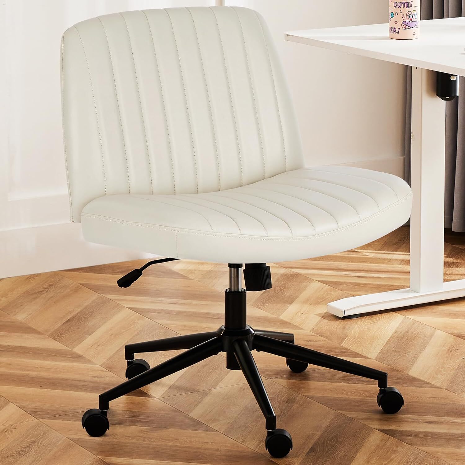 Leather Criss Cross Chair with Wheels Home Office Chair Wide Armless Desk Chair
