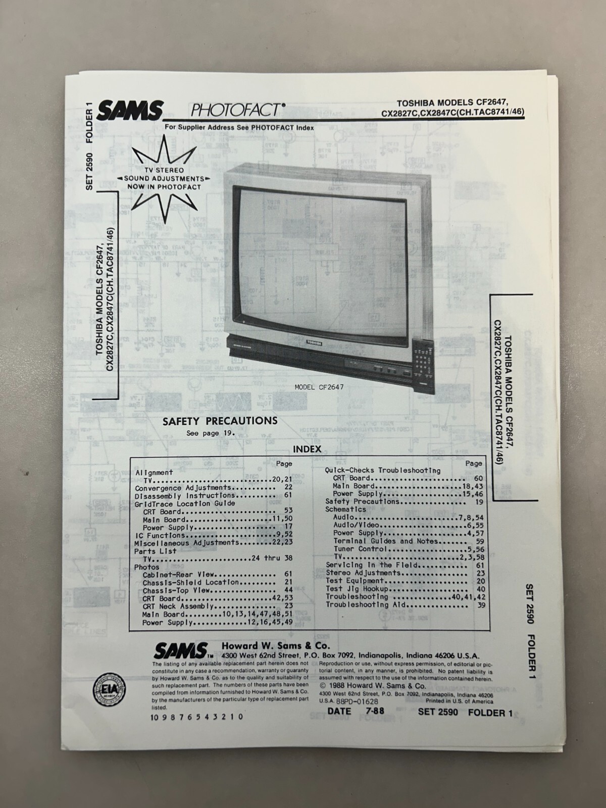 Toshiba CF2647 CX2827C CX2847C Service Manual Sams Photofact Free Shipping