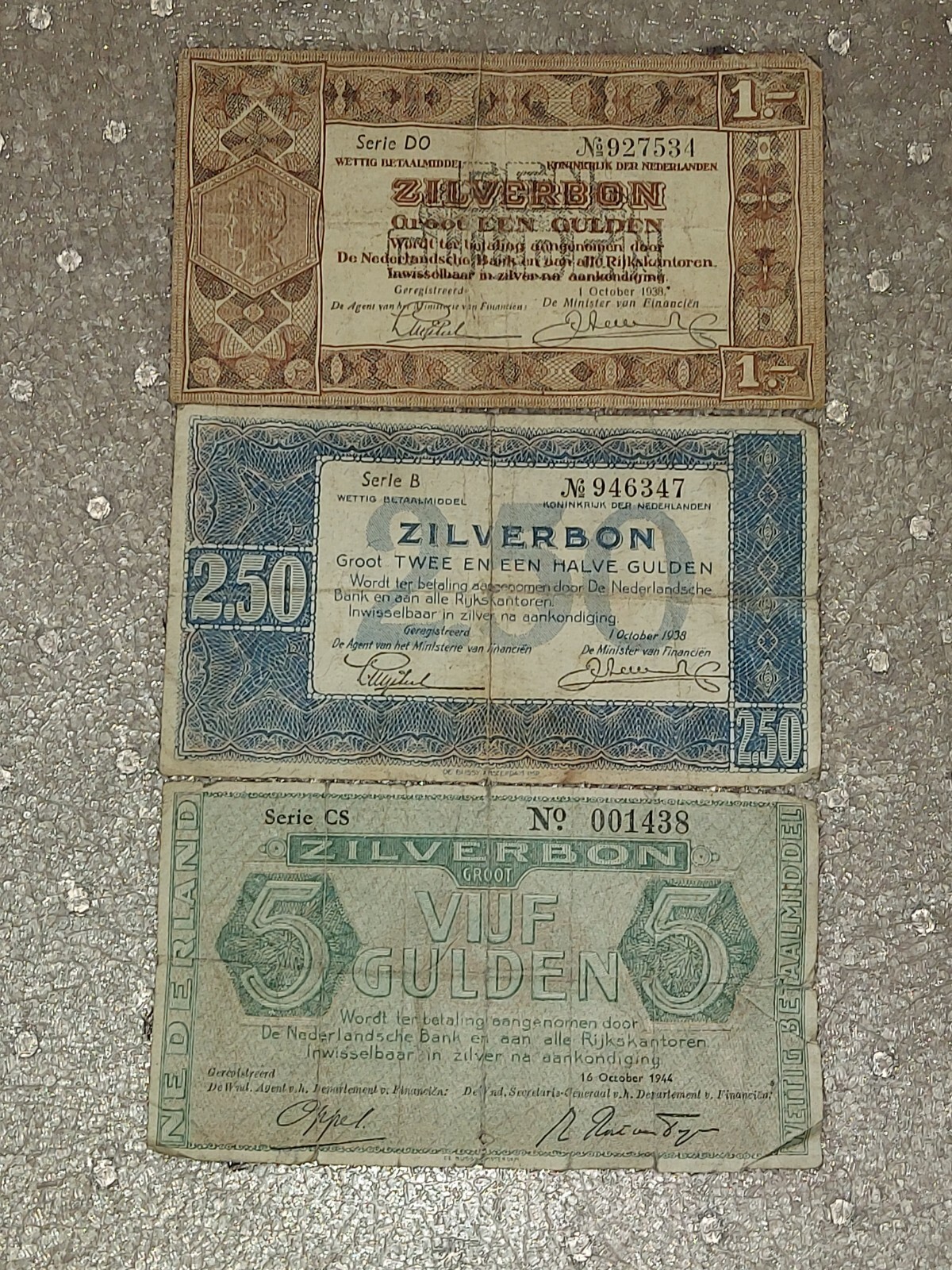 Netherlands 1 2 1/2 5 Gulden 1938 1944 Zilverbon Silver Certificate WWII Holland