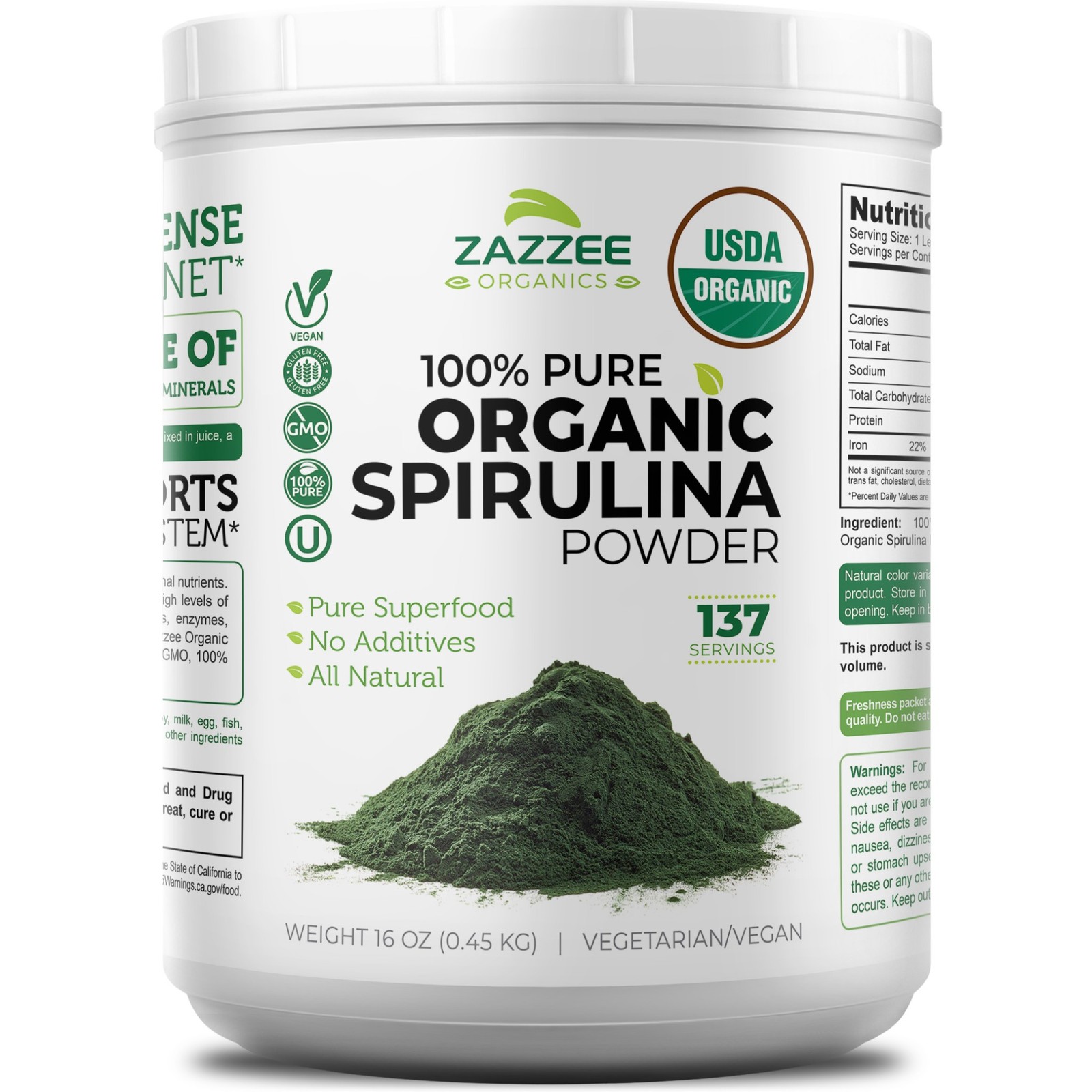 Zazzee USDA Organic Spirulina Powder, 16 Ounces (1 LB), 137 Servings, Kosher