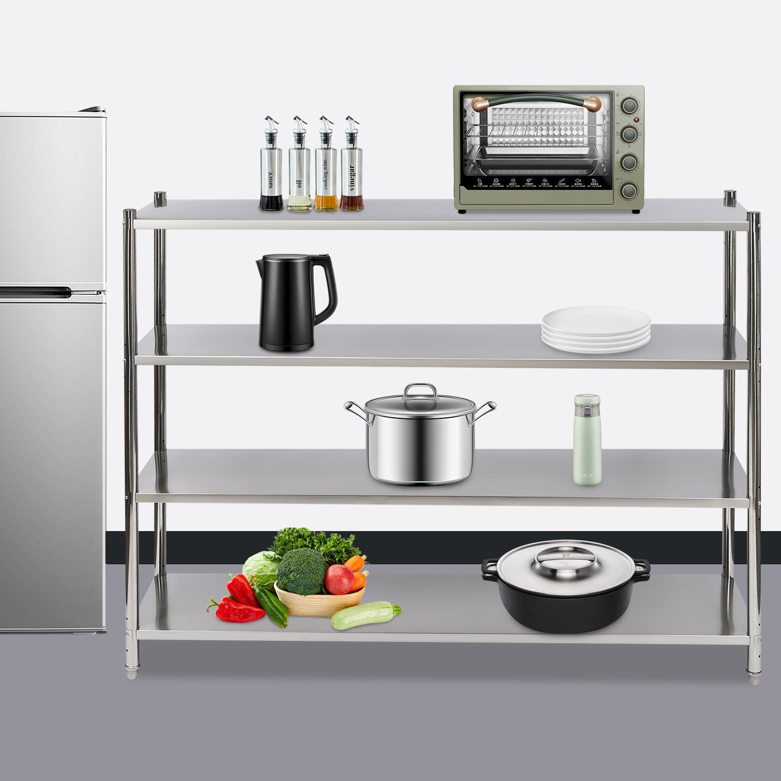 4 Layers Stainless Steel Shelving Goods Displaying Rack Adjustable Storage Shelf